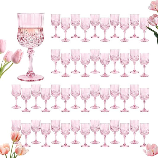 Plastic Wine Glasses, Plastic Goblets Vintage Style Cordial Unbreakable Drinking Glasses， Reusable Drinkware for Wedding Reception, Grand Event Party Supplies, Mother's Day(48, Pink)