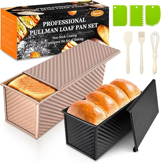 2Pack Pullman Loaf Pans with Lids – 2.2 LB & 1 LB Dough Capacity, Non-Stick Carbon Steel Bread Pans for Homemade Sandwich and Sourdough Bread, Corrugated Toast Mold