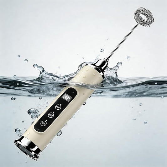 YUSWKO Milk Frother Wand for Coffee, Handheld Coffee Frother, Rechargeable Drink Mixer, Waterproof Electric Whisk, Beige