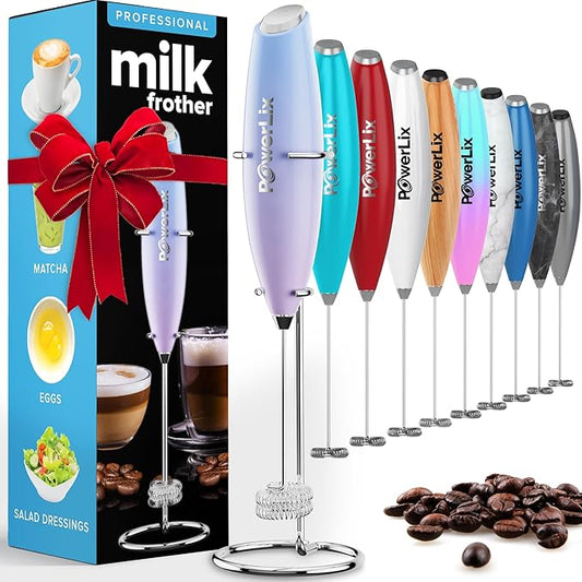 PowerLix Powerful Handheld Milk Frother With Stand Battery Operated Foam Maker Frother Wand For Coffee (Blue)