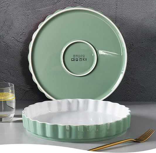 Quiche Baking Dish,Ceramic Pie Pan 11 Inch Reusable,Pizza Pan，Non-Stick Round Tart Pan with Ruffled Edge Microwave Dishwasher and Oven Safe (GREEN)