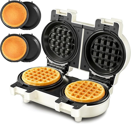 2-in-1 Double Waffle & Pancake Maker - CACHOO Mini 4" Nonstick Waffle Iron & Small Round Griddle with 4 Removable Plate Sets, Dishwasher Safe, Perfect for Small Spaces, Apartments & Dorms, Cream