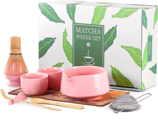 HELPLX Matcha Whisk Set 10-Piece Japanese Matcha Kit with BowlWhisk & Holder2 Tea CupsBamboo ScoopSpoonSifterScoop Rest & Tea Towel – Pink Matcha Tea Set for Ceremony or Daily Use