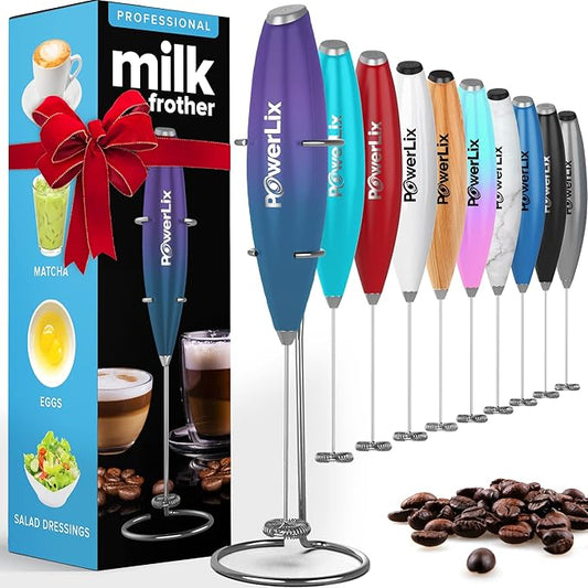 PowerLix Powerful Handheld Milk Frother With Stand Battery Operated Foam Maker Frother Wand For Coffee (A Black) (Purple Turqoise)