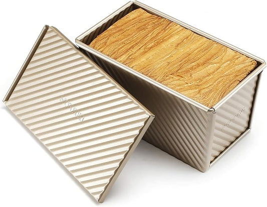 monfish Pullman Loaf Pan w Cover Bread Toast Mold corrugated loaf Pan w lid 1lb dough Alluminumed Steel Non Stick Gold (8.5X4.75X4.375INCH)