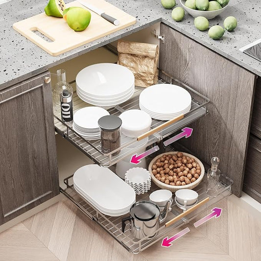 Pull Out Cabinet Organizer, Expandable(14.9"~25.9") Cabinet Drawers Slide Out, Adjustable Width Roll 0ut Shelf Cabinet Organizer for Kitchen Base Cabinet Organization (Large, 1Pack)