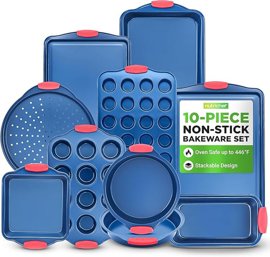 NutriChef 10-Piece Nonstick Bakeware Set - Deluxe Carbon Steel with Blue Silicone Coating, Red Handles, Professional Grade Kitchen Essentials, Ideal for Baking Cakes, Cookies, and More (Blue)