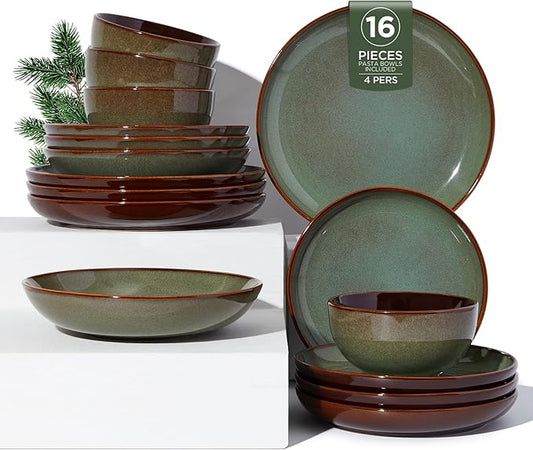 Pokini 16 Piece Double Bowl Dinnerware Sets with Pasta Bowls, Highly Chip and Crack Resistant Plates and Bowls Sets, Natural Earthyware Ceramic Dishware Sets, Service for 4 Sage Green