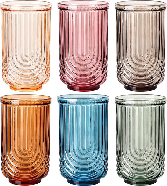 JOVGANK Colored Vintage Glassware Set of 6-17Oz Colorful Water Drinking Glass, Art Deco Ripple Highball Glass, Whiskey Cocktail Glasses, for Bar Ice Coffee Juice, Housewarming, Mother's Day Gift