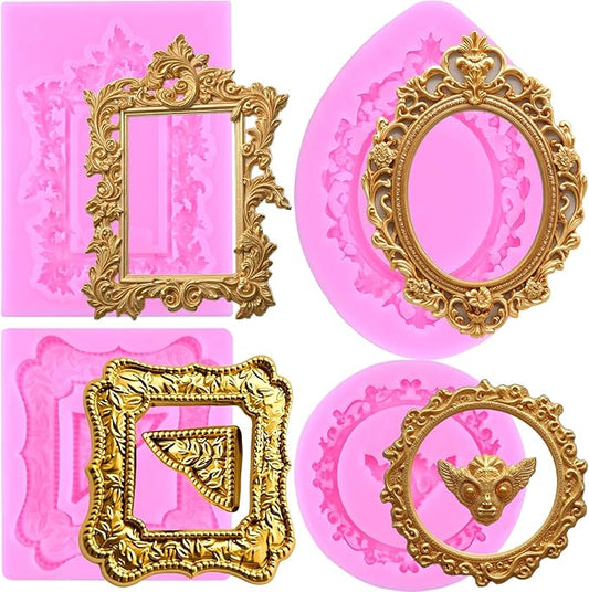 Mujiang Photo Frame Silicone Molds Vintage Picture Frames Fondant Mold Mirror Frame Candy Molds For Cake Decorating Cupcake Topper Polymer Clay Chocolate Gum Paste Set Of 4