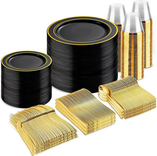 bUCLA 600PCS Black and Gold Disposable Dinnerware Set - Black Plastic Plates Disposable for Party Include 100 Dinner&100 Dessert Plates,100 Knives,100 Forks,100 Spoons,100 Cups for Party & New Year