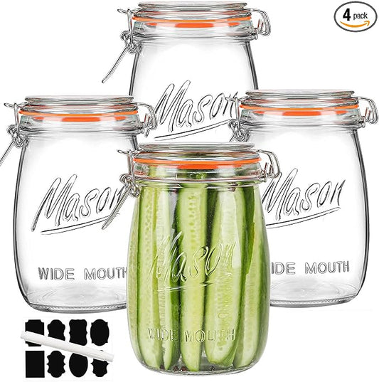 Anwoi Wide Mouth Glass Jars with Airtight Lid 32OZ 4 Pack, Kitchen Storage Large Clear Canister Jars with Hinged Lid with Measurement Marks For Canning,Coffee,Flour,Sugar,Beans