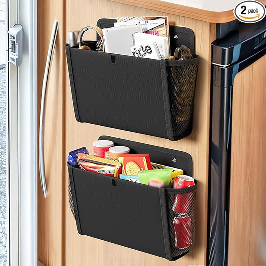 2 Pack Wall Hanging Storage Organizer, Wall Pocket Hanging Bag with Large Pockets & Sticky Adhesive Tape Wall Mounted Storage Door organizer for RV Camper Kitchen Office Black