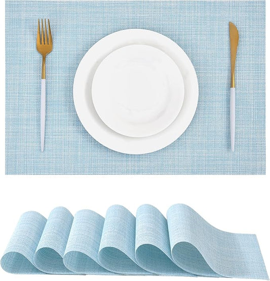 Leetaltree Soft Sky Blue Woven Placemats Set of 6 - Heat Resistant Non-Slip Place mats for Dining Table, Washable Durable PVC Vinyl Woven Table Mats(Sky Blue, 6)