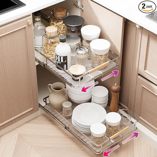 SUZLON Pull Out Cabinet Organizer, Expandable(10.2"~16.4") Cabinet Drawers Slide Out, Adjustable Width Roll 0ut Shelf Cabinet Organizer for Kitchen Base Cabinet Organization (Small, 2Pack)