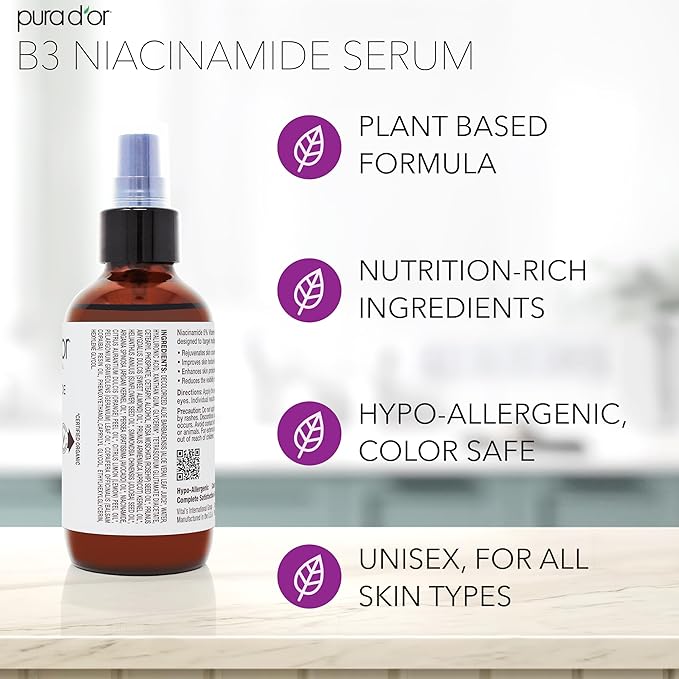 PURA D'OR B3 Niacinamide Advanced Facial Serum (3.3oz x2 = 6.6oz) Skin Care Formula with Retinol For Wrinkles, Hydration & Complexion - All Skin Types, Hypoallergenic - Women & Men
