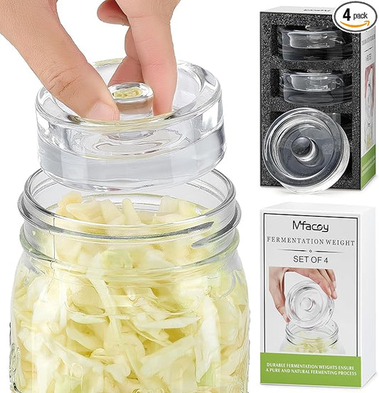 MFacoy 4-Pack of Fermentation Glass Weights with Easy Grip Handle for Great Wide Mouth Canning Mason Jars, Pickling Sourkrout Kraut Glass Weight Fermentation Kit with Easy Grip Handle, Dishwasher Safe