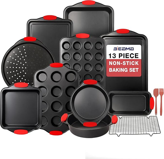 BIEAMA 13-Piece Baking Pans Sets, Nonstick Bakeware Sets, BPA-Free Carbon Steel Stackable, Cookie Sheet, Cake, Loaf, Pizza & Muffin Pan, Grey