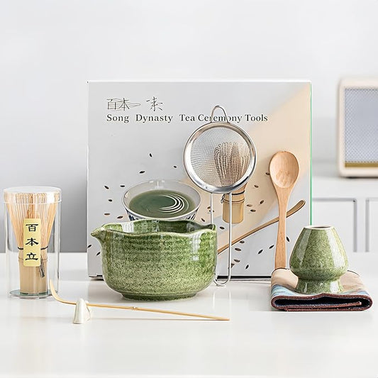 Matcha Set 7-Piece Tea Set with Brush, Bowl, Whisk, Strainer, Chasen, for Matcha Tea Ceremony (Matcha Green)