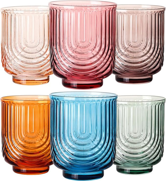 JOVGANK Colored Vintage Drinking Glasses Set of 6-14Oz Colorful Drinking Glasses, Art Deco Ripple Highball Glass, Whiskey Cocktail Glasses, for Bar Coffee Juice, Housewarming and Mother's Day Gift