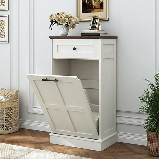 chartustriable Farmhouse Tilt-Out Trash Can Cabinet, 12.5 Gallon Laundry Hamper with Drawers, Wooden Hidden Garbage Can Cabinet w/Storage for Kitchen & Living Room, Antique White
