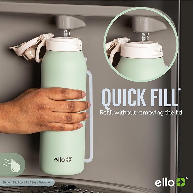 Ello Pop & Fill 22oz Stainless Steel Water Bottle with QuickFill Technology, Double Walled and Vacuum Insulated Metal, Leak Proof Locking Lid, Straw and Chug, Reusable, BPA Free, Serene Bloom