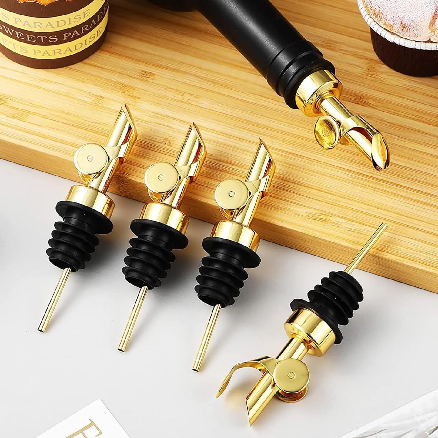 Pafusen 6 Pack Auto Flip Olive Oil Dispenser, Liquor Pour Spout, Oil Dispenser for Kitchen, Easily Turn Your Bottles into Dispensers for Liquor, Vinegar, Coffee Syrup or Oils, Weighted Pourer, Gold