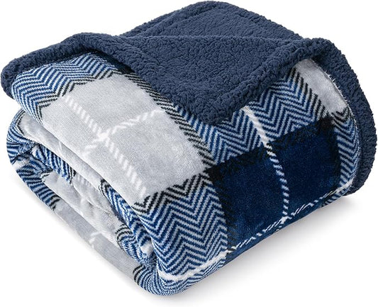Pavilia Blue Navy Plaid Sherpa Throw Blanket for Couch, Plush Flannel Fleece, Soft Fuzzy Cabin for Sofa Bed, Warm Cozy Winter Gift, 50x60