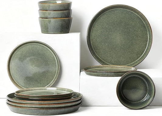 Pokini Dinnerware Sets, Microwave Safe Plates and Bowls Sets, Dishes Set for 4, Chip & Scratch Resistant Dinner Set, Reactive Glazed Farmhouse Dishware Sets, Green Wheat