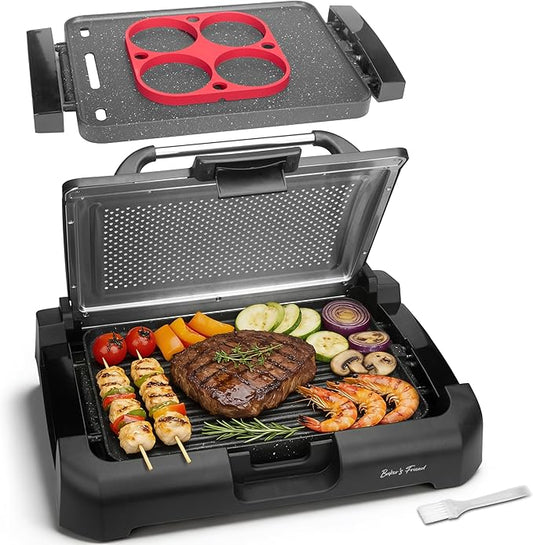 Baker’s Friend Indoor Searing Grill & Griddle, Electric Griddle with 2 in 1 Indoor Grill and Griddle Plate Indoor Grill with Removable Plate & Lid, Silicone Mold, Dishwasher Safe, Graphite