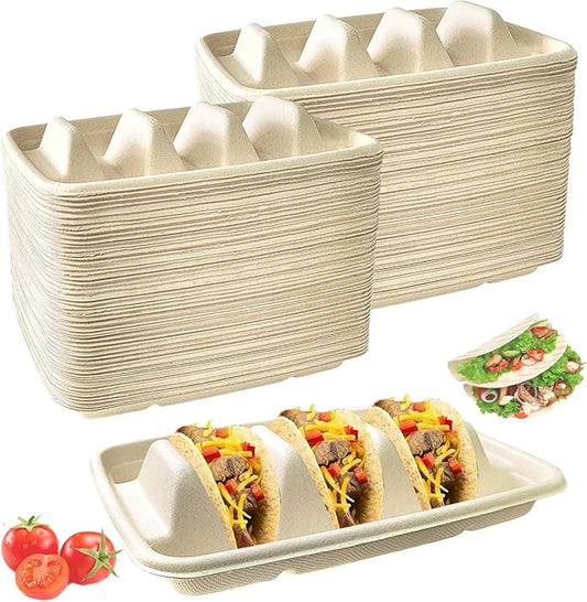 100PCS Disposable Taco Holders for Party, Pulp Fiber Plates with 3 Dividers, Lazy Susan Taco Bar