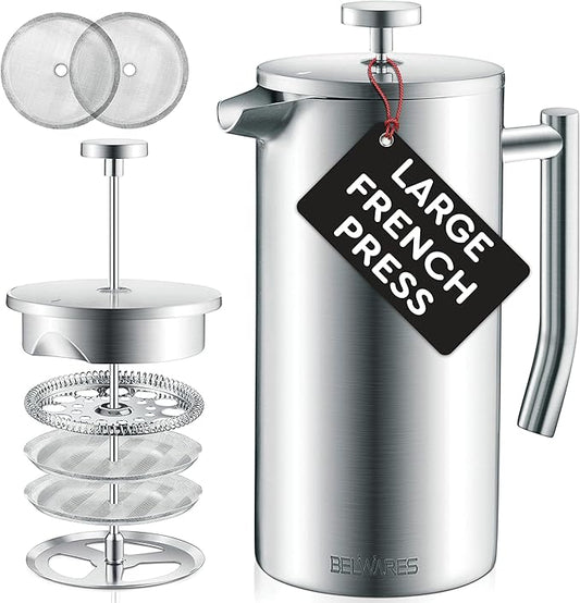 Belwares French Press Coffee Maker - 50oz 6-Cup Capacity, 304 Stainless Steel Coffee Press, Double Wall Insulation Heat Retention, 4-Level Filtration Smooth Ground-Free Coffee, 2 Extra Filters, Silver