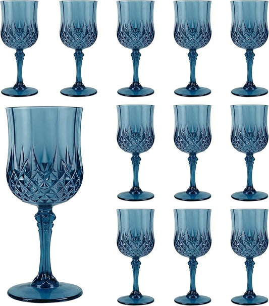 Plastic Wine Glasses, Plastic Goblets Vintage Style Cordial Unbreakable Drinking Glasses, Reusable Drinkware for Wedding Reception, Grand Event Party Supplies (12, Navy Blue)