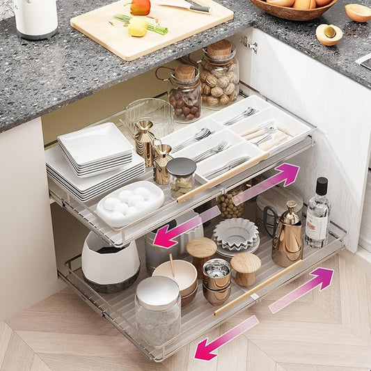 SUZLON Pull Out Cabinet Organizer, Expandable(20.9"~37.9") Cabinet Drawers Slide Out, Adjustable Width Roll 0ut Shelf Cabinet Organizer for Kitchen Base Cabinet Organization (X-Large, 1Pack)