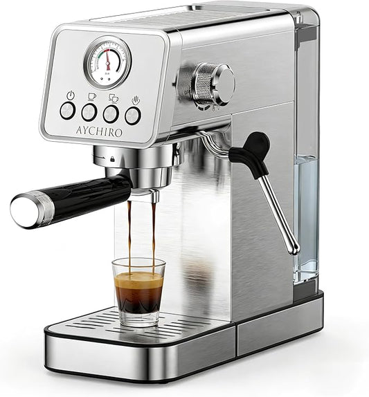 AYCHIRO 20 Bar Semi-Automatic Espresso Machine, Adjustable Espresso Machine with Pressure Gauge, Compact Espresso Maker with Steam Wand, Cup Warmer for Home & Office