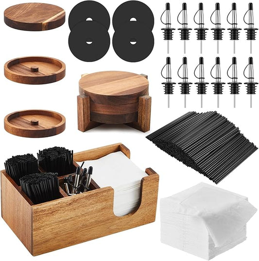 Mifoci Bar Glass Rimmer Bartender Tool with 12 Pcs Stainless Steel Classic Bottle Pourer Bar Caddy with 6 Compartment 1000 Pcs Coffee Cocktail Stirrers 200 Napkin (3 Tier,Multifunctional Acacia Wood)