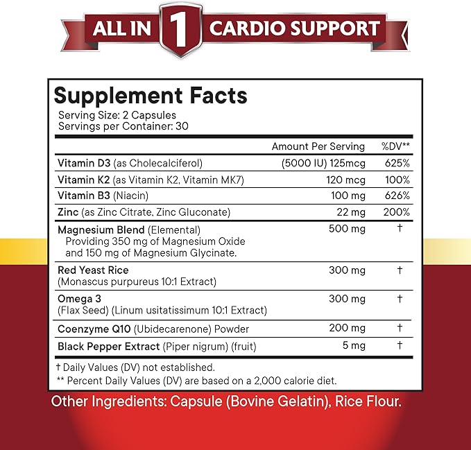 NEW AGE COQ10 200mg Red Yeast Rice, Omega 3, Magnesium Complex, Zinc Vitamin K2 D3 - Heart Health Support Vitamins for Women and Men with Vitamin B3, Coenzyme Q10-60 Count