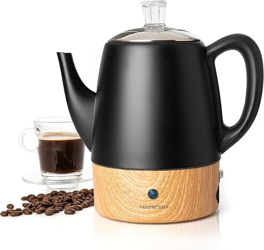 Mixpresso Black Small Electric Percolator Coffee Pot 4 Cup Stainless Steel - Coffee Percolator Electric with Keep Warm Function - Auto Shut-Off for Safe Daily Brewing