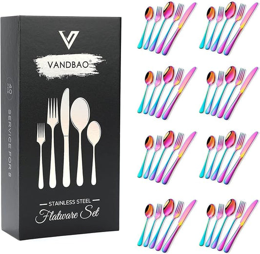 Rainbow Silverware Set Flatware Cutlery - 40 Pieces Stainless Steel Colorful Utensils, Tableware Set Service for 8, Include Knife/Fork/Spoon, Reusable, Mirror Polished, Dishwasher Safe