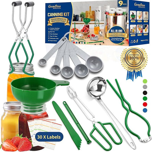 Canning Supplies Starter Kit,Canning Kit for Beginners of 9 with Jar Lifter，Wide Mouth Funnel,Wrench,Tongs,Lid Lifter,Bubble Popper,Canning Labels,ladle,Measuring Spoon-Deep Green