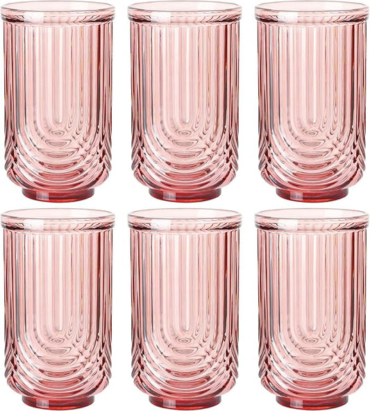 JOVGANK Pink Vintage Glassware Set of 6-17Oz Pink Water Drinking Glass, Art Deco Ripple Highball Glass, Whiskey Cocktail Glasses, for Bar Ice Coffee Juice, Housewarming Gifts and Mother's Day Gift