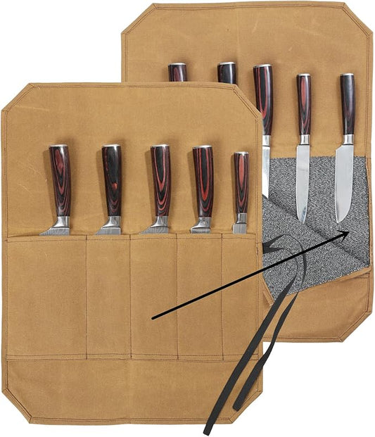 Knife Roll, Knife Cases Organizer-Durable Waxed Canvas With Cut Resistant Lining -5 Pockets (Khaki)