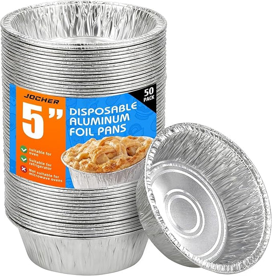 50 Pack Mini Pie Pans, 5in Pie Tins, Disposable Aluminum Round Foil Tart, Aluminum Foil Pans, Easily Stack & Store for Baking, Cooking, Storage or Reheating