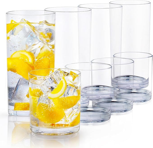 Zulay Kitchen Plastic Drinking Glasses (Set of 8) – Mixed 16oz & 12oz Acrylic Shatterproof Cups for Home, Kitchen & Outdoors – Crystal Clear Glass Look – BPA & Lead-Free – Top-Rack Dishwasher Safe