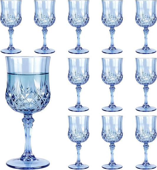 Plastic Wine Glasses, Plastic Goblets Vintage Style Cordial Unbreakable Drinking Glasses,Reusable Drinkware for Wedding Reception, Grand Event Party Supplies(12, Blue)