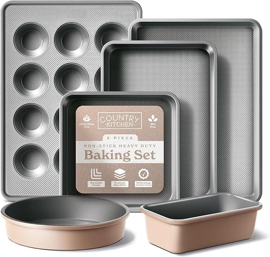 Country Kitchen Nonstick Stackable Bakeware Set - Durable, Easy Release Baking Set, Taupe, 6 Pcs