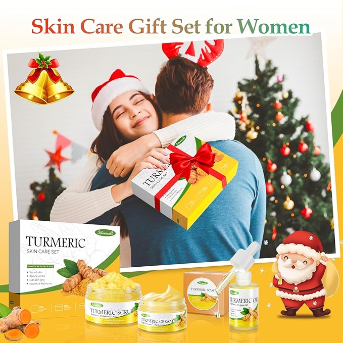 Turmeric Skin Care Set with Vitamin C, Turmeric Skincare Set Christmas Gifts for Women, Skin Care Kit for Anti-Aging Hydrating, Skincare Gift Set with Turmeric Soap Bar & Scrub, Turmeric Oil & Cream