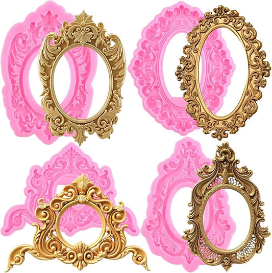 Mujiang Picture Frames Silicone Molds Photo Frame Fondant Mold Baroque Vintage Frame Candy Mold Relief Frame Mold For Sugar Cake Decorating Cupcake Topper Chocolate Gum Paste Polymer Clay Set Of 4