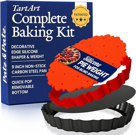 Patz&Patz All-in-One Fluted Tart Pan 9 Inch Removable Bottom Set with Patented Silicone Crust Shaper & Pie Weight | Nonstick Carbon Steel Quiche Baking Dish & Tart Molds for Baking - PFOA & PTFE-Free