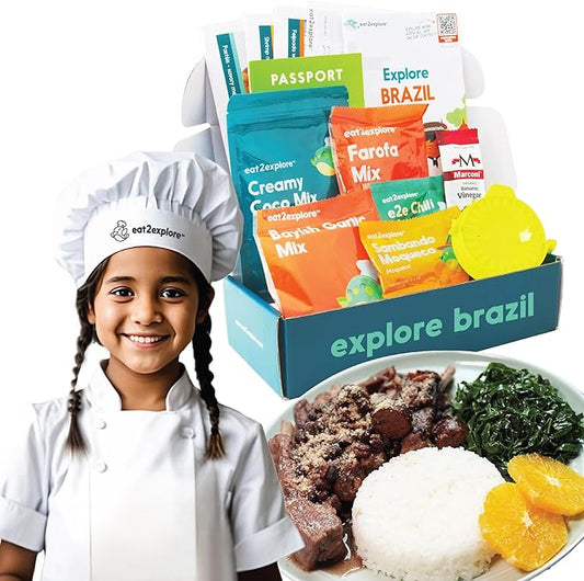 eat2explore Cooking Kits for Kids 15 Pcs – Interactive & Educational Kids Cooking Sets Real for Ages 5 and Up,3 Recipe Cards & Global Ingredients – Fun for Young Chefs (Brazil Edition)